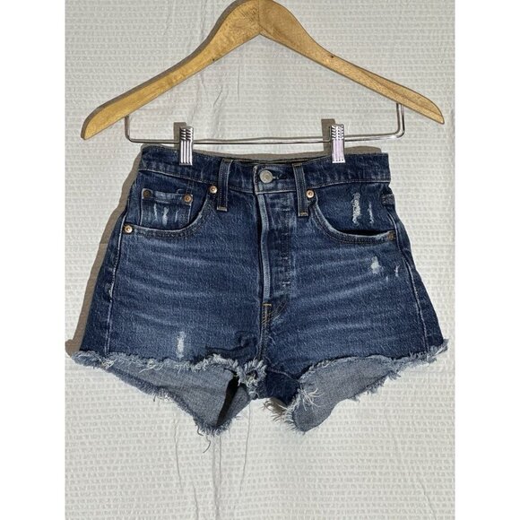 Levi's 501 Women's Denim Jean Shorts Blue Button Fly, Raw Hem, Dark Wash Size 24 - Picture 2 of 9